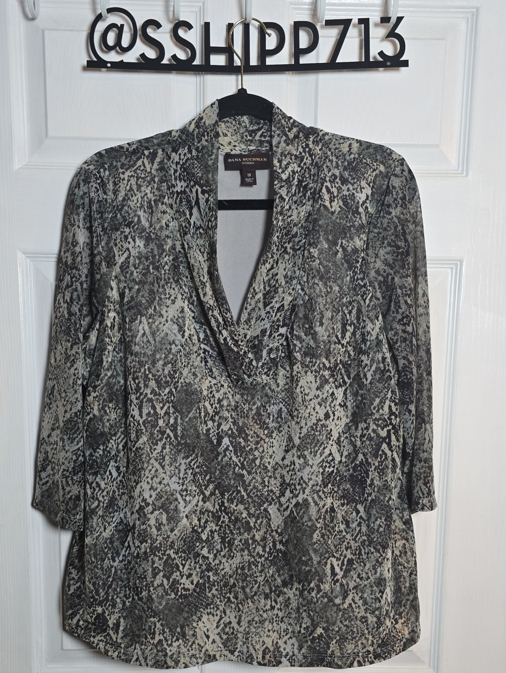 Dana Buchman 1X Black and Gray Snake-Print Cowl Neck Blouse